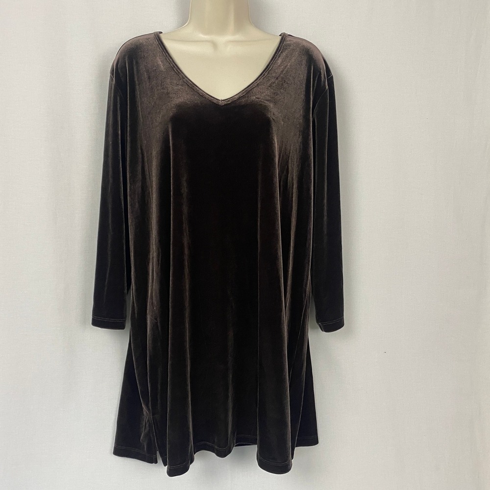 Susan Graver Tunic Top Womens XL Brown Velvet V-Neck Long Sleeve Earthy Luxe